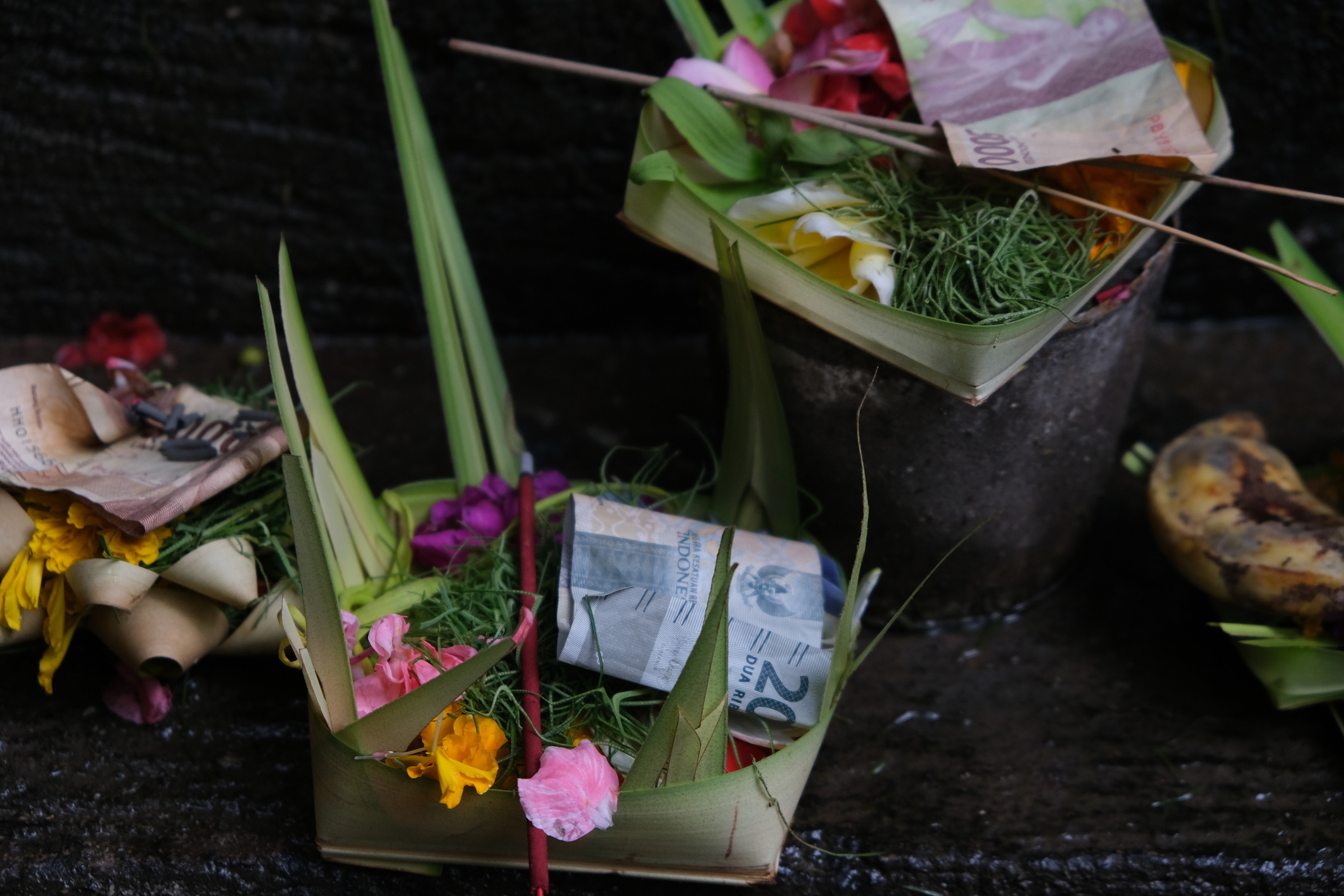'Mijn favoriete Balinese feestdag is Kuningan. Op deze dag vertrekken de geesten van goden en voorouders, na een tiendaags verblijf op aarde, weer richting de hemel. Het is zaak om ze in de watten te leggen, zodat hun terugreis voorspoedig verlopt en ze de mensen op aarde gunstig gezind blijven. De geesten worden dan ook in talloze tempels op Bali vereerd met offers van gele rijst en lekkernijen. Ik mocht van een Balinese vriendin mee naar de lokale buurttempel. Ver voor het middaguur stroomt de tempel al vol. Mannen, vrouwen en kinderen komen aanlopen met manden gevuld met offers. Die moeten eerst worden gezegend door de hogepriester. De Balinezen wachten geduldig op hun beurt in de snikhete zon. Ik duik weg in de schaduw, om het spektakel van een afstandje in me op te nemen.' — Nicole Dautzenberg