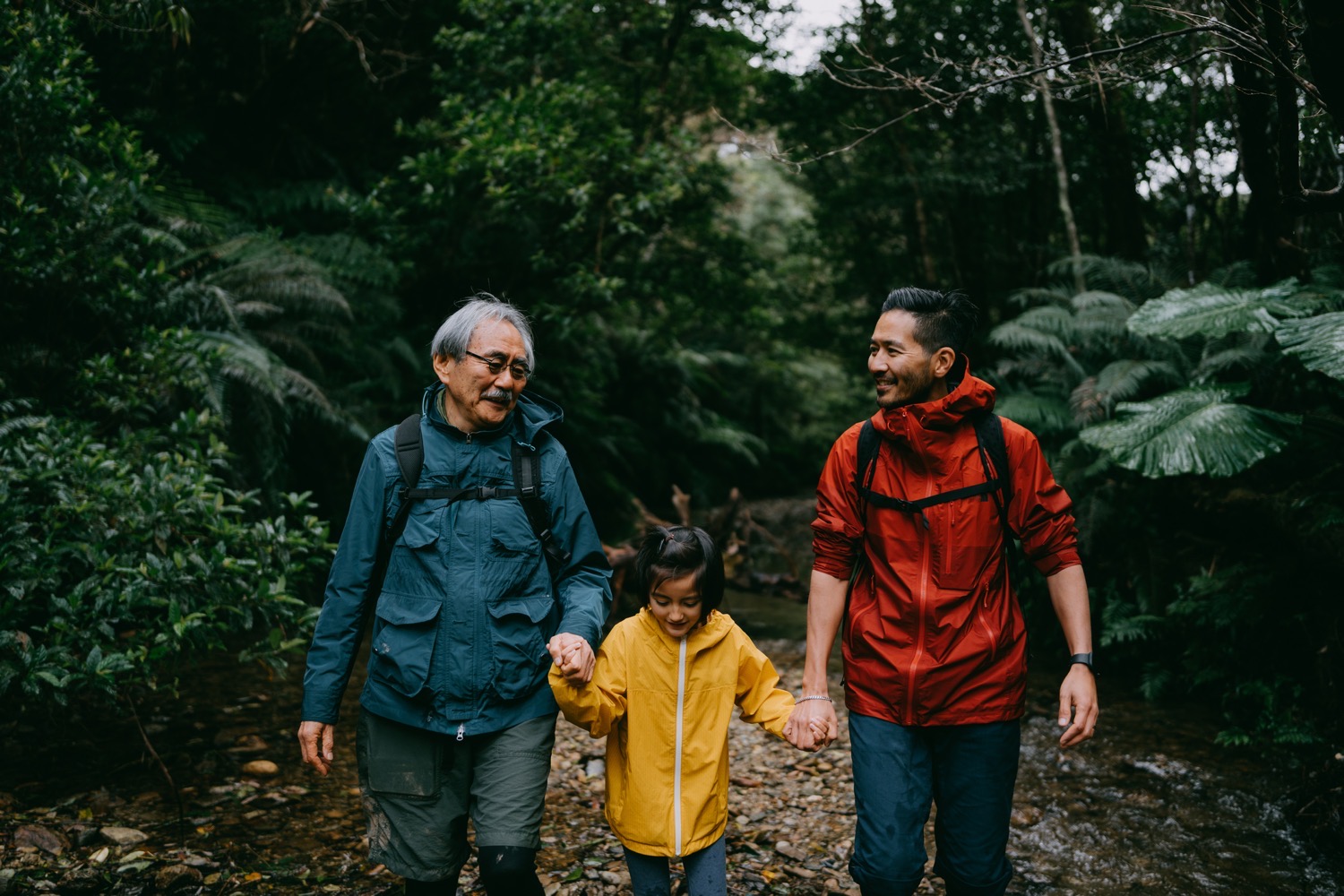 Grootvader, vader en dochter genieten van een wandeling in het regenwoud in de regen, Yanbaru Nationaal Park, Okinawa, Japan