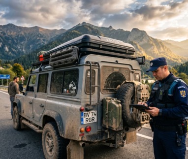 Politie-agent bekeurt vuile auto in Roemenië of Bulgarije