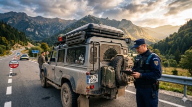 Politie-agent bekeurt vuile auto in Roemenië of Bulgarije