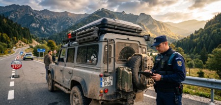 Politie-agent bekeurt vuile auto in Roemenië of Bulgarije