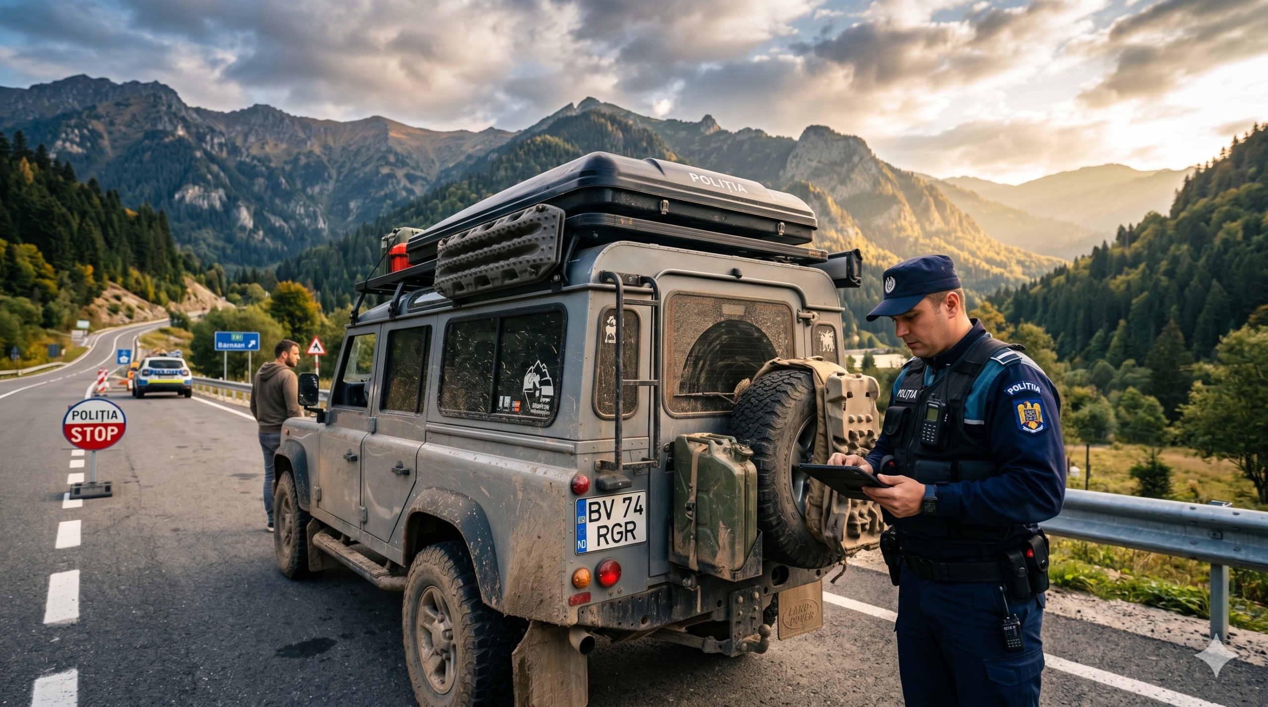 Politie-agent bekeurt vuile auto in Roemenië of Bulgarije