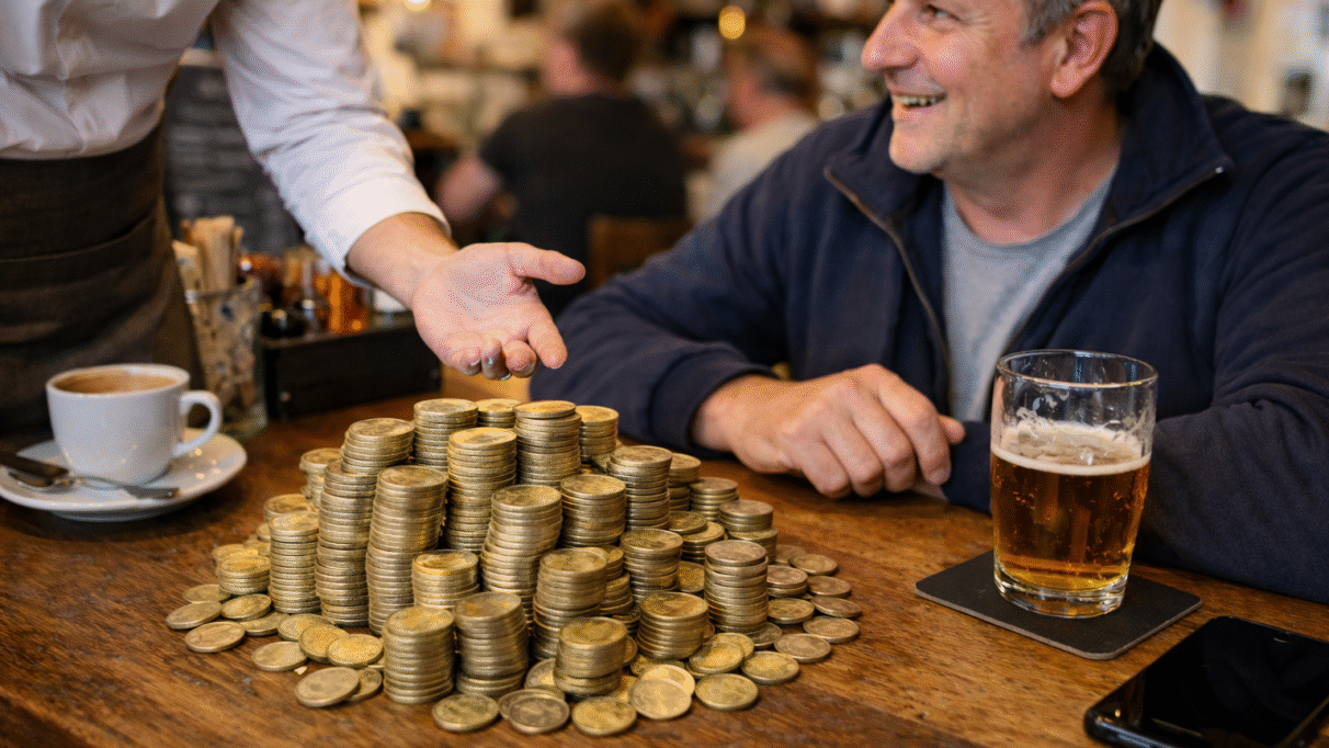Man zit met een stapel euromunten aan een bar