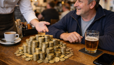 Man zit met een stapel euromunten aan een bar