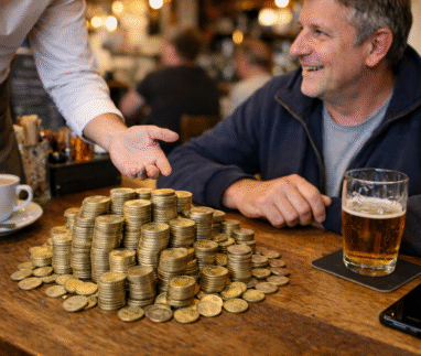 Man zit met een stapel euromunten aan een bar