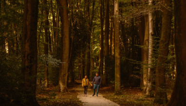 In het hart van de Veluwe wandelt een stel over de rustige, lommerrijke paden van het Speulderbos. De herfstbladeren zorgen voor een magische sfeer terwijl ze samen genieten van de schoonheid van de natuur in Nederland.