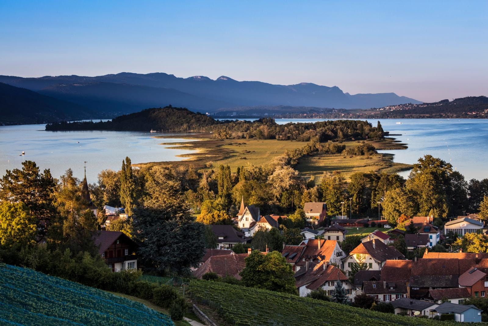 Voor de kust van Erlach, Zwitserland ligt het St.Peterinsel. Foto: Tourismus Biel Seeland/ Stefan Weber