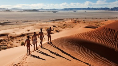 Traditionele jagers lopen door de rode zandduinen van de Namib-woestijn in Namibië