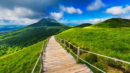 Puy de Dome mountain and Auvergne landscape during the morning