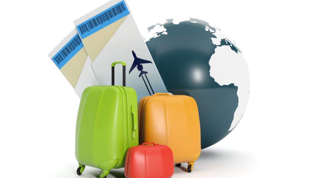 3d illustration: Land and a group of suitcases. To take a vacati