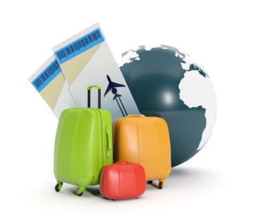 3d illustration: Land and a group of suitcases. To take a vacati