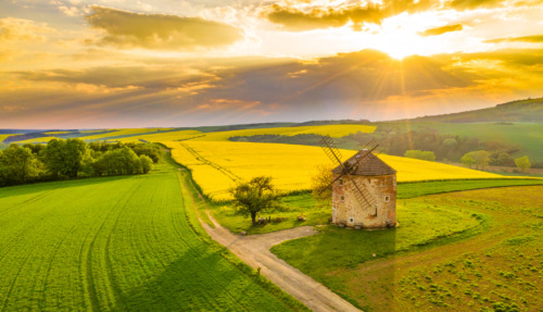 Landschap in Tsjechië met een historische windmolen, groene velden en een kleurrijke zonsondergang.