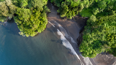 Luchtfoto van een afgelegen zwart zandstrand omringd door dicht tropisch regenwoud in Equatoriaal-Guinea.