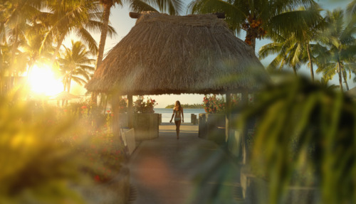 Vrouw loopt richting het strand onder een traditionele bure-hut, omringd door palmbomen en bloemen op Fiji