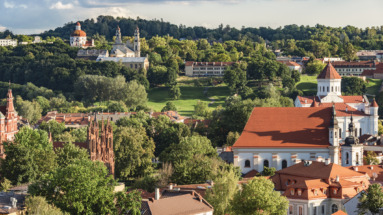 Uitzicht op Vilnius, de hoofdstad van Litouwen, met historische gebouwen, kerken en veel groen omringd door een idyllisch landschap