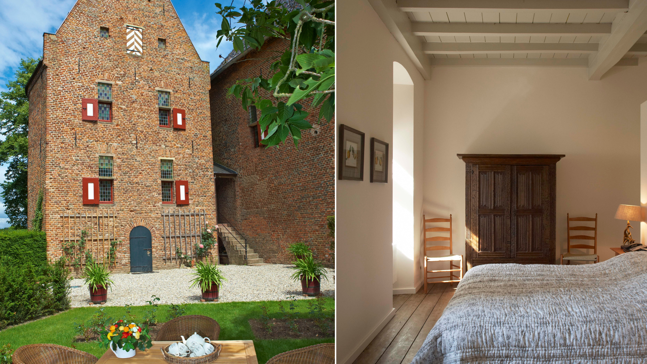 Middeleeuwse toren van Kasteel Huis Bergh met historische gevel en sfeervolle binnenkamer met antieke meubels.