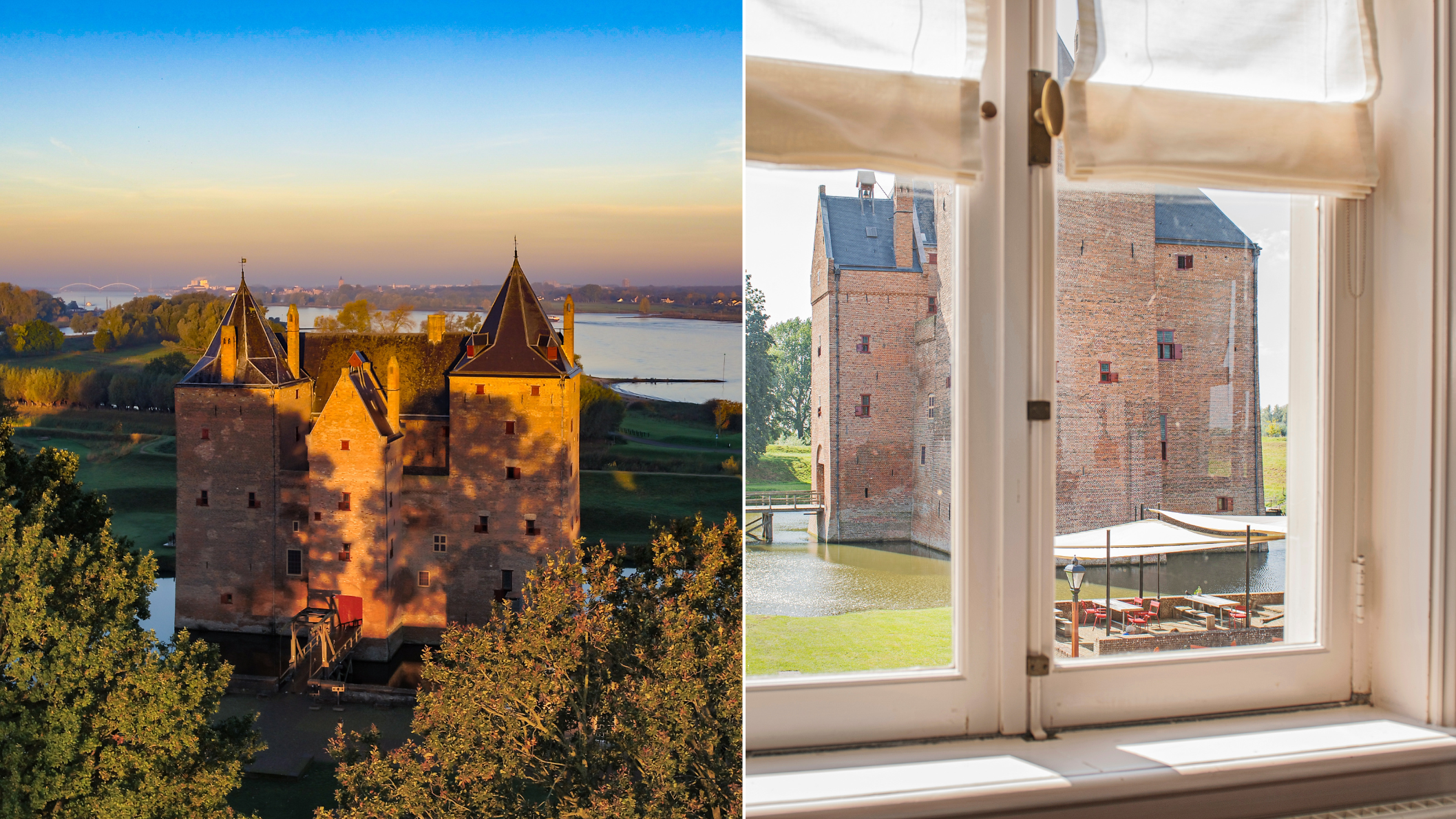 Slot Loevestein in Poederoijen bij zonsondergang, met uitzicht op de rivier, en een doorkijk door een raam naar de kasteelmuren en slotgracht. Foto: Kim Balster en Jelte Keur