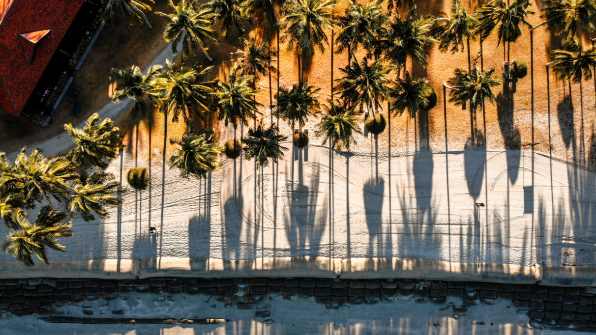 Luchtfoto van een tropisch strand in West-Maleisië, omringd door palmbomen met lange schaduwen