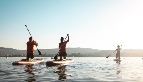 Sup-peddelaars op het Meer van Zürich in de ochtend