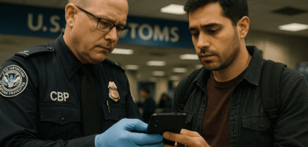 Grenscontrole VS checkt telefoon reiziger