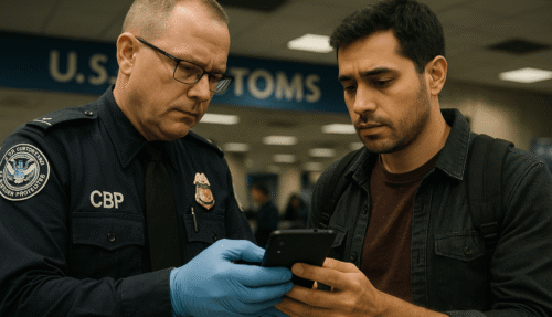 Grenscontrole VS checkt telefoon reiziger