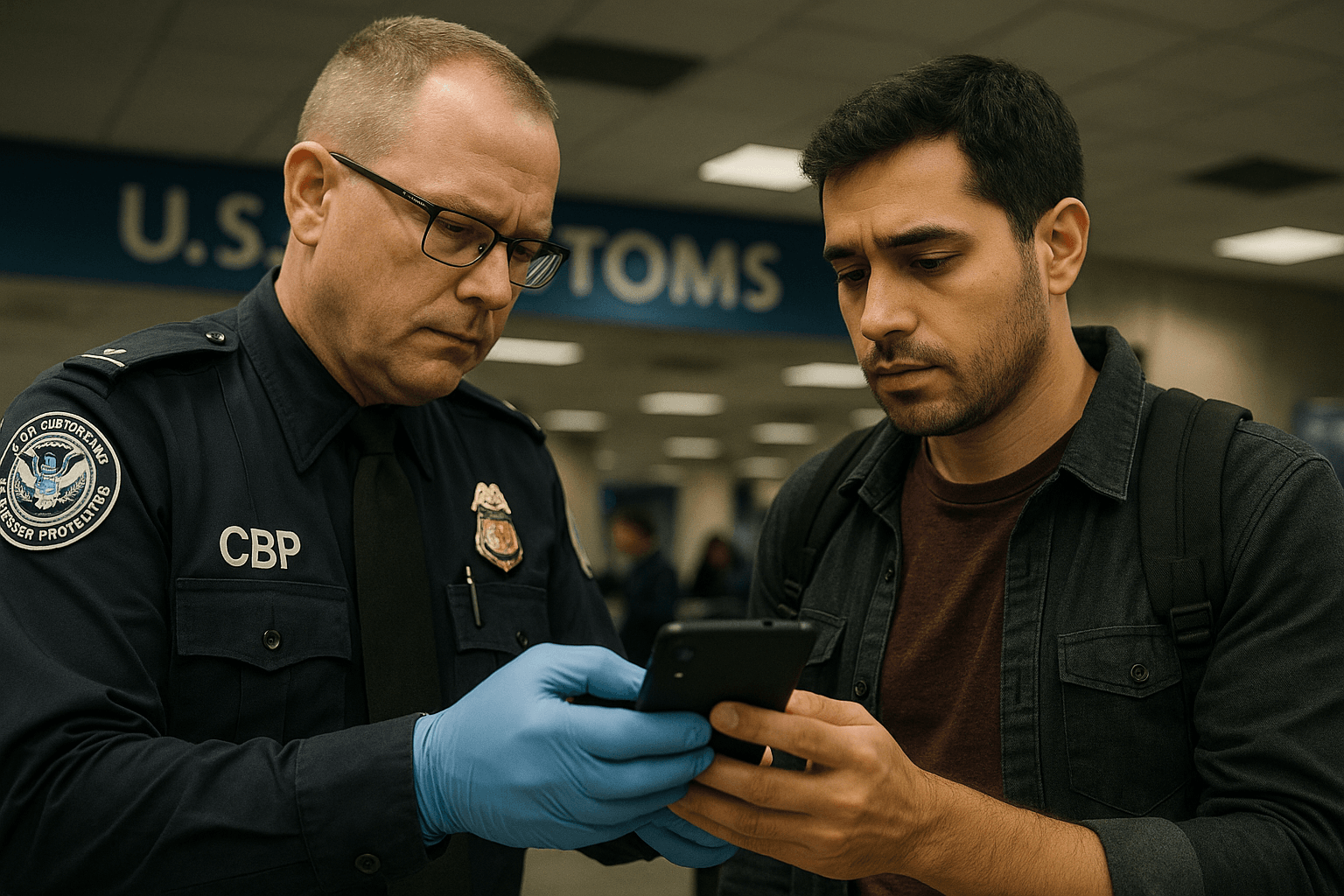 Grenscontrole VS checkt telefoon reiziger