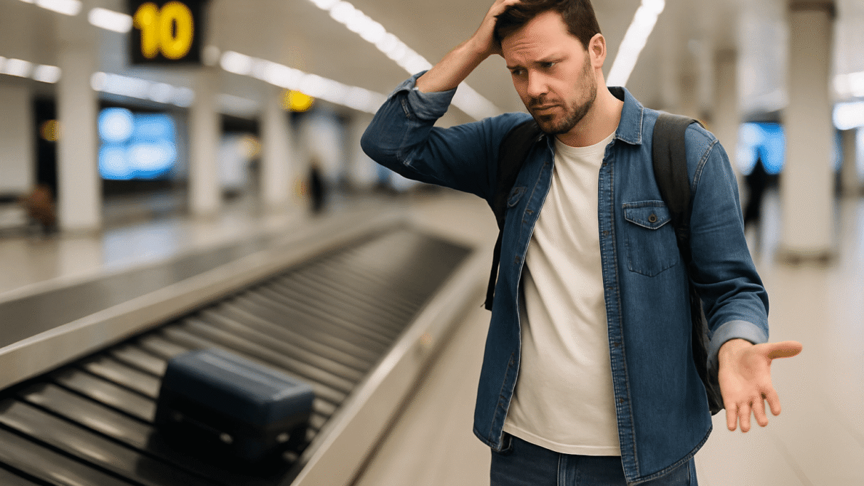 Man staat getrest bij bagageband zonder bagage