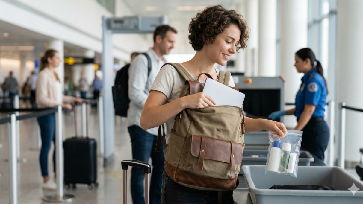 Vrouw loopt door de bagagecontrole van de luchthaven en haalt laptop en vloeistoffen uit haar rugzak