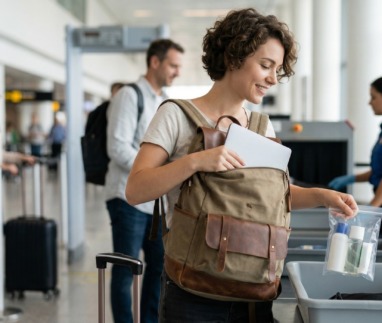Vrouw loopt door de bagagecontrole van de luchthaven en haalt laptop en vloeistoffen uit haar rugzak