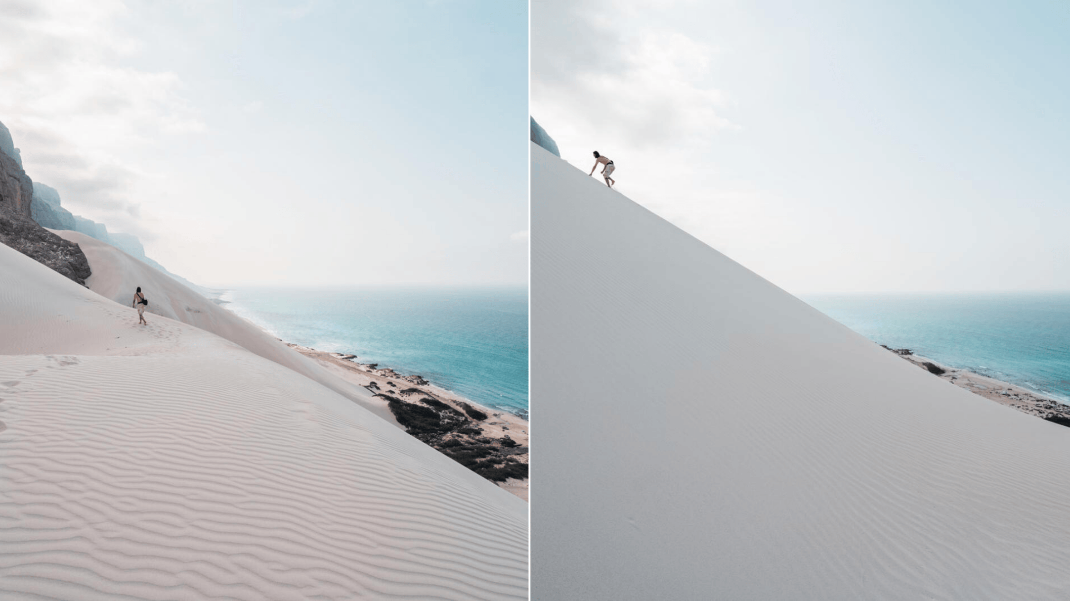 De oostpunt van Socotra is een sneeuwwitte wereld waar seizoensgebonden wervelwinden het fijne zand tot een hoogte van vierhonderd meter tegen de kliffen hebben opgestuwd. Een beklimming van de duinen van Arher is dankzij het absurde stijgingspercentage niet mals, maar terug beneden wacht een duik in het azuurblauwe water van de Arabische Zee. Minder hoog, maar wel uitgestrekt zijn de duinen van Zaheq, een miniwoestijn aan de zuidkust.