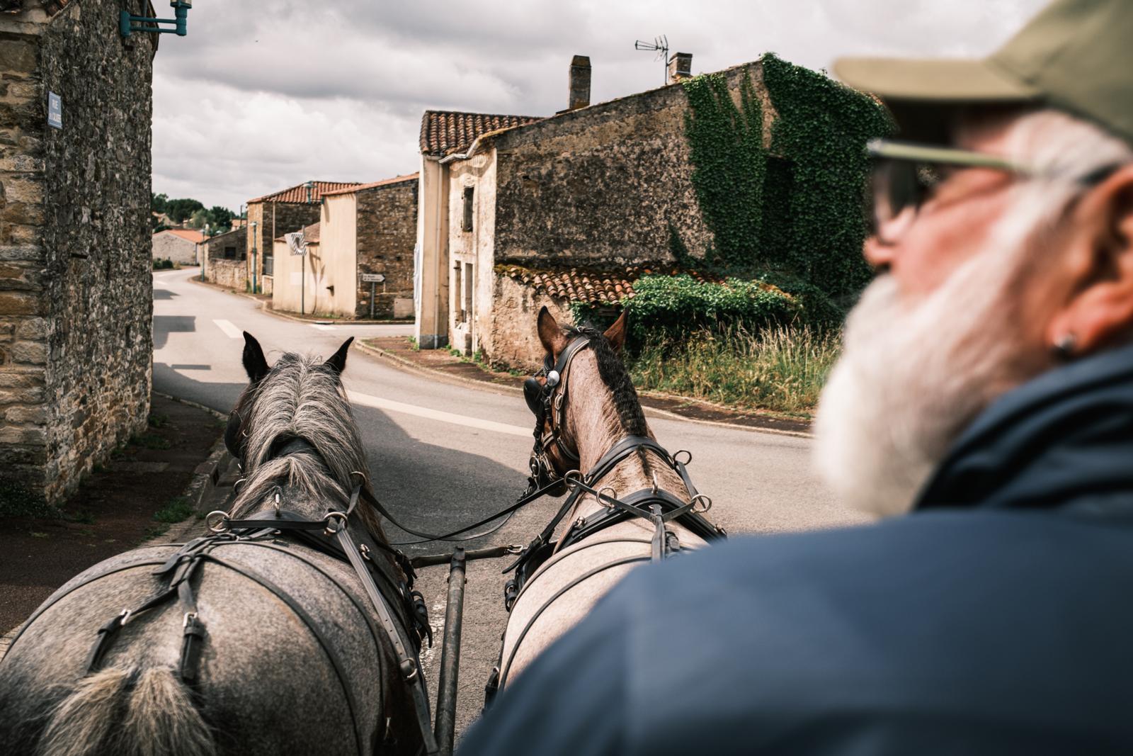 Perspectief vanuit een koets getrokken door twee paarden door een pittoresk dorp in de Vendée, met een koetsier op de voorgrond.
