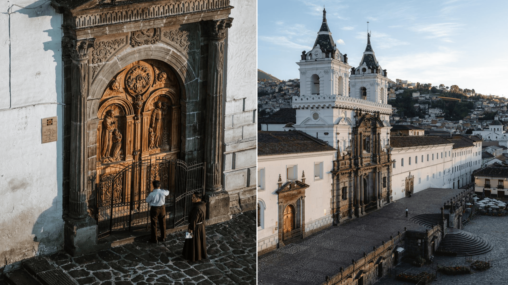 Het indrukwekkende barokportaal en de witte gevel van het Convento de San Francisco in het historische centrum van Quito.