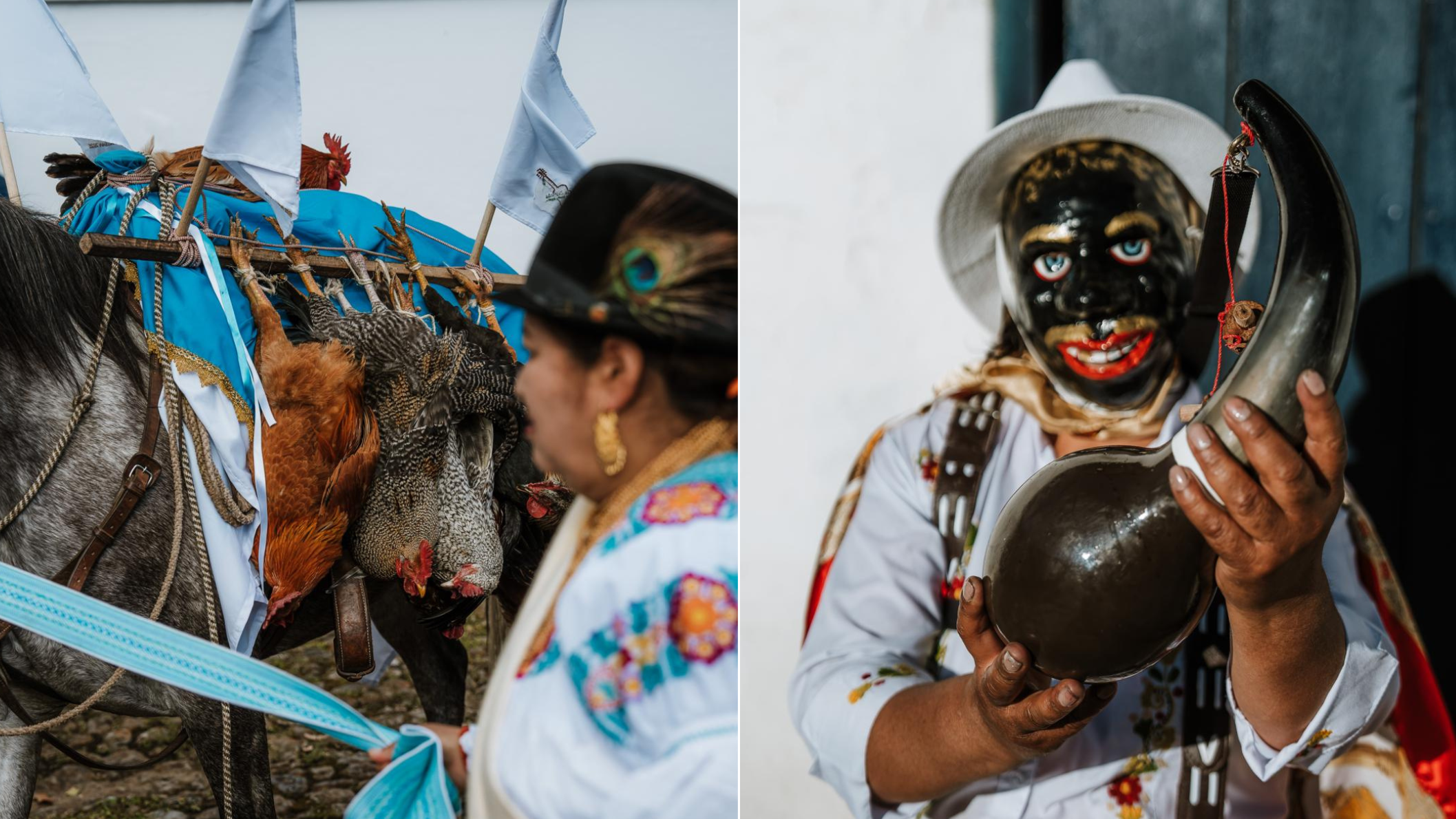 Rituele optocht met kippen en maskerdrager tijdens het Fiesta de San Juan in Ecuador.