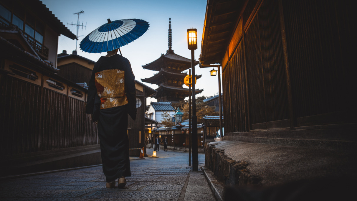Beautiful japanese senior woman walking in the village. Typical japanese traditional lifestyle