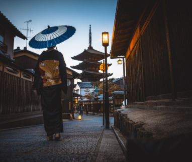 Beautiful japanese senior woman walking in the village. Typical japanese traditional lifestyle