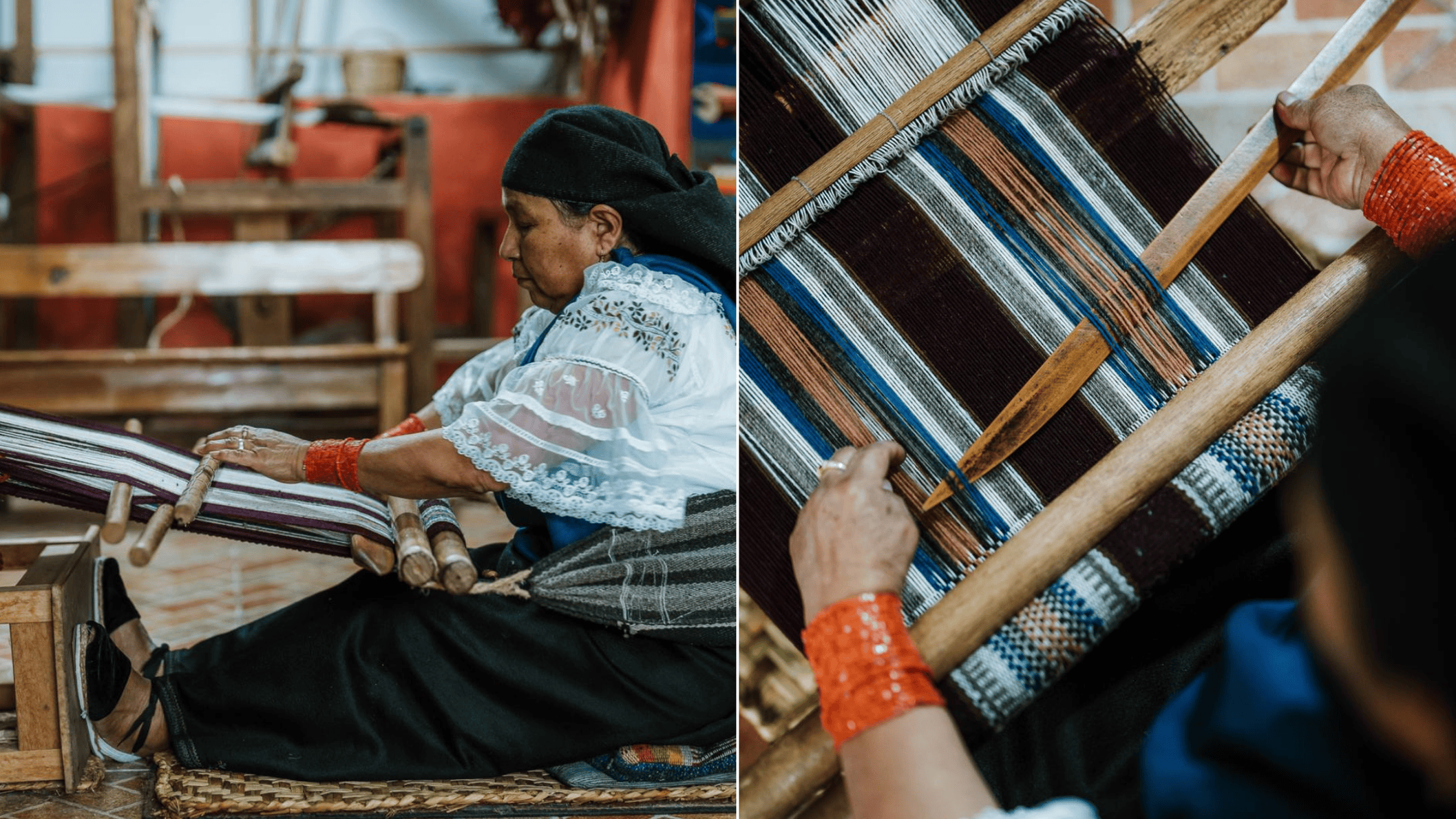 Lusmila weeft op een traditioneel ruggetouw in het ambachtencentrum Artesanía El Gran Cóndor in Peguche.