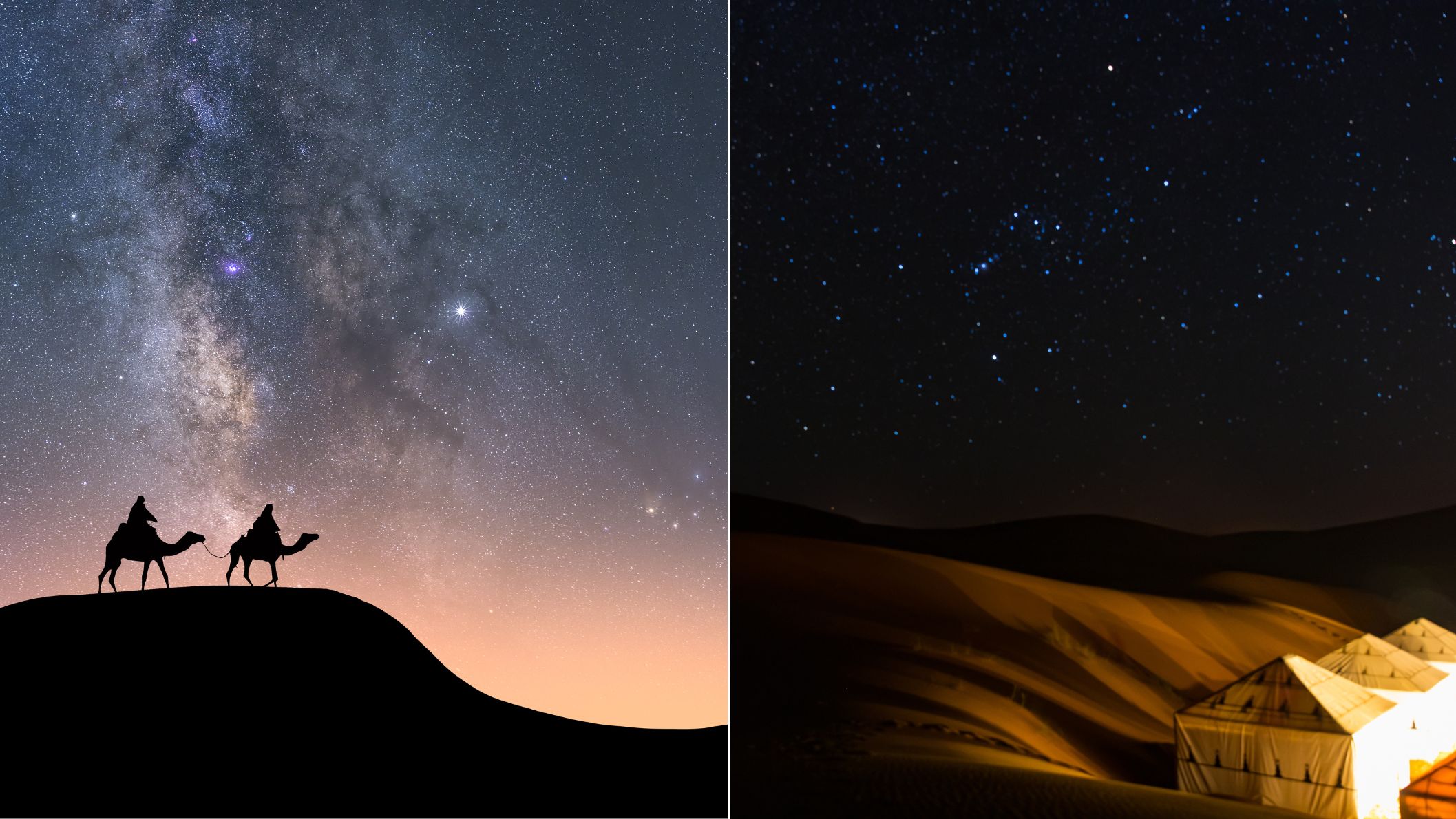Kamelenkaravaan en woestijntenten onder een sterrenhemel in de Sahara van Mauritanië.