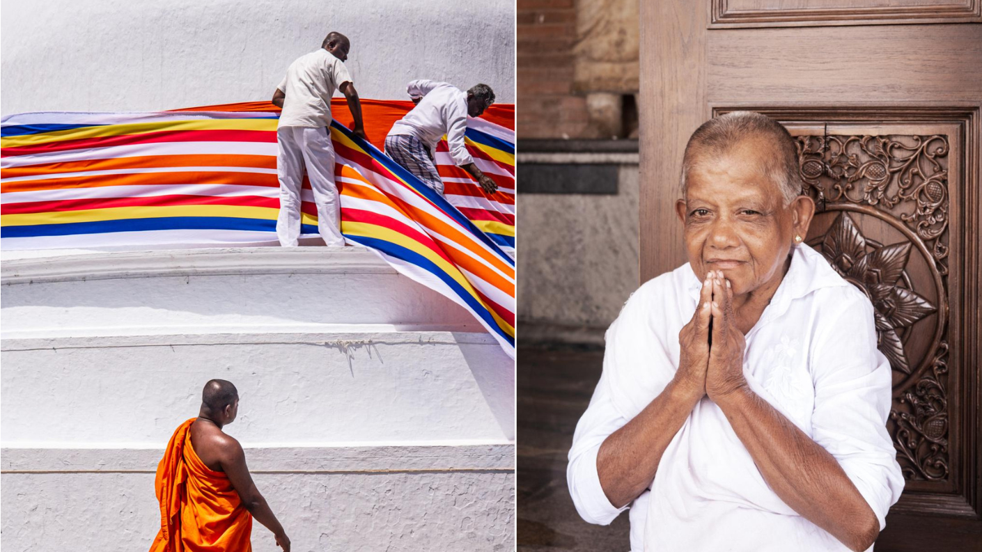 Monnik en gelovigen bij boeddhistische stoepa met kleurrijke vlaggen en vrouw in gebed in Anuradhapura, Sri Lanka.