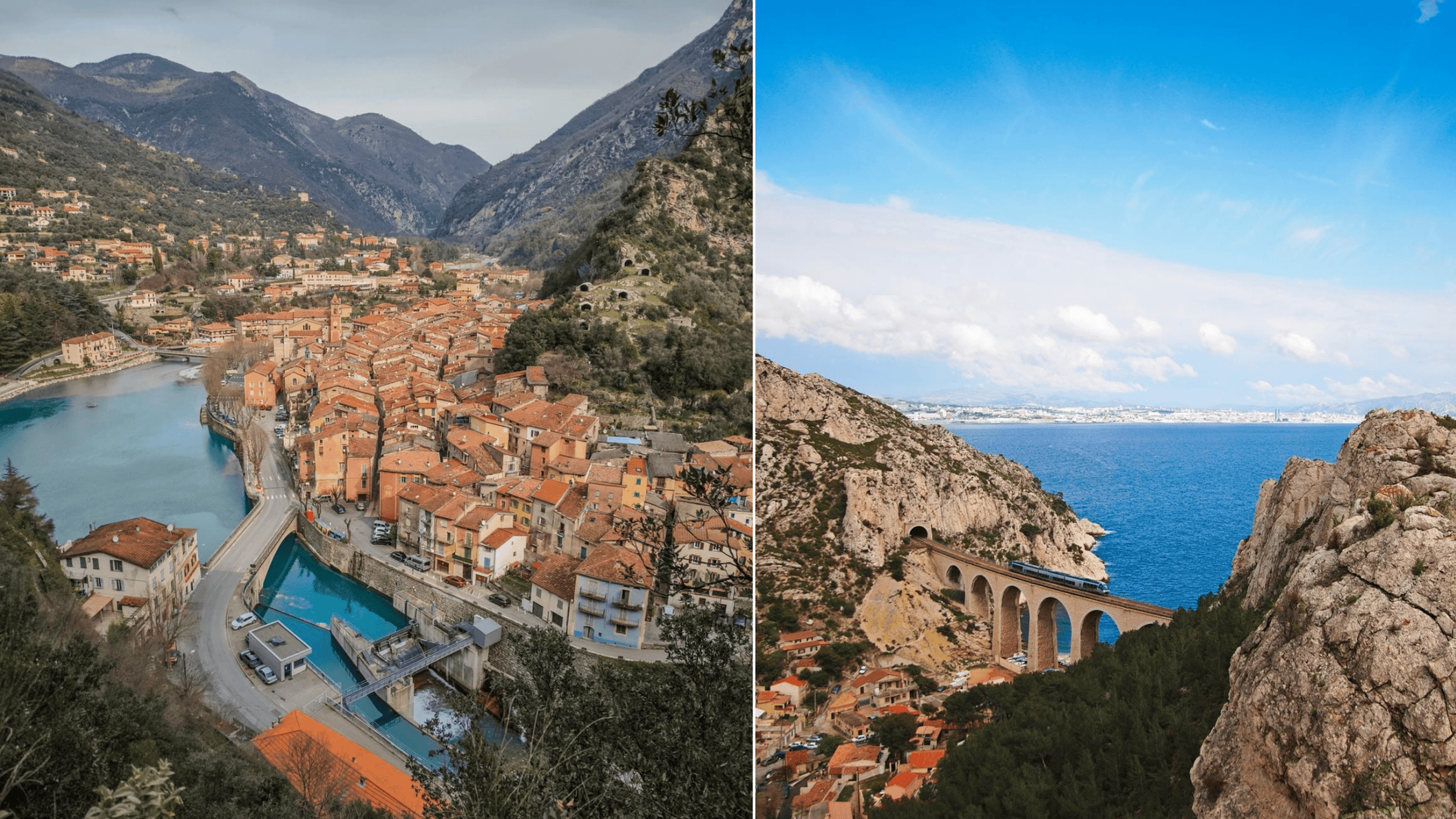 Trein rijdt door pittoresk bergdorpje en langs azuurblauwe kustlijn in Zuid-Frankrijk.
