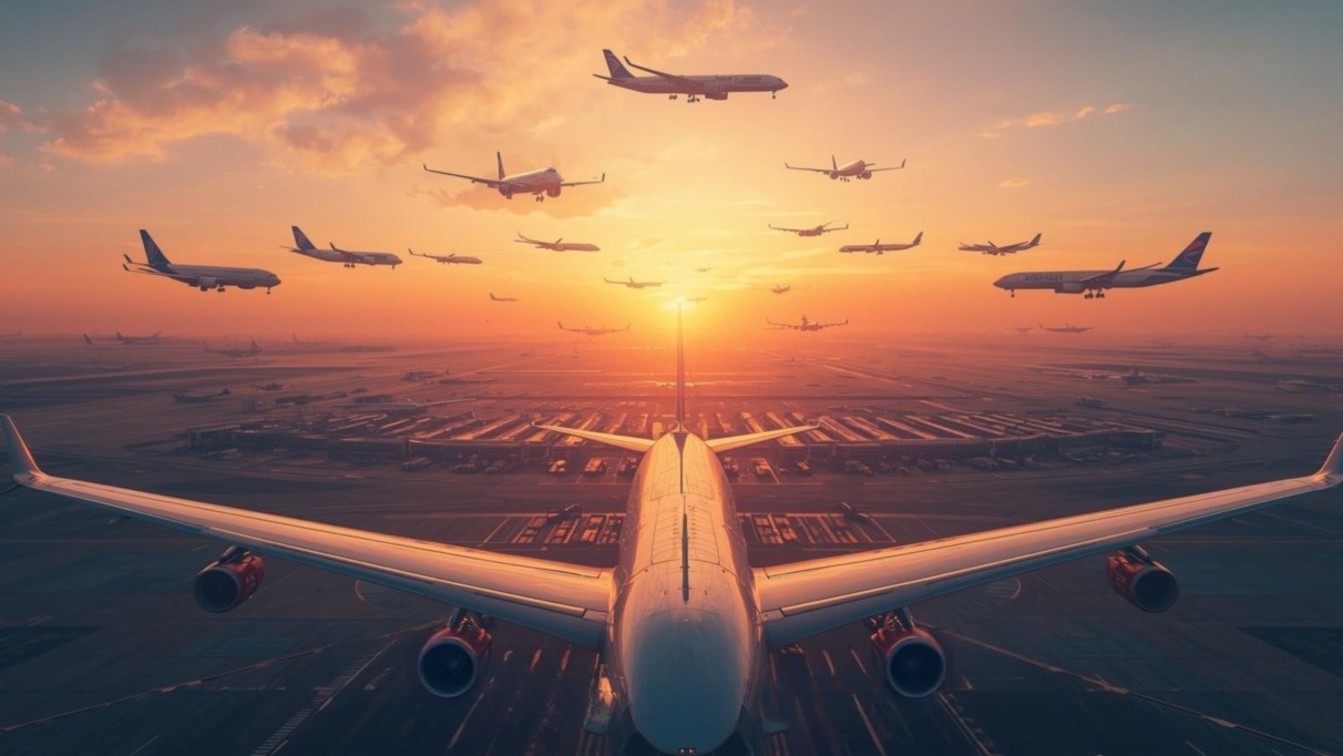Mockup van lucht vol vliegtuigen boven een vliegveld