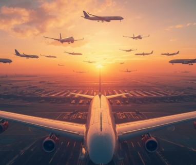 Mockup van lucht vol vliegtuigen boven een vliegveld