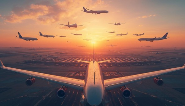 Mockup van lucht vol vliegtuigen boven een vliegveld