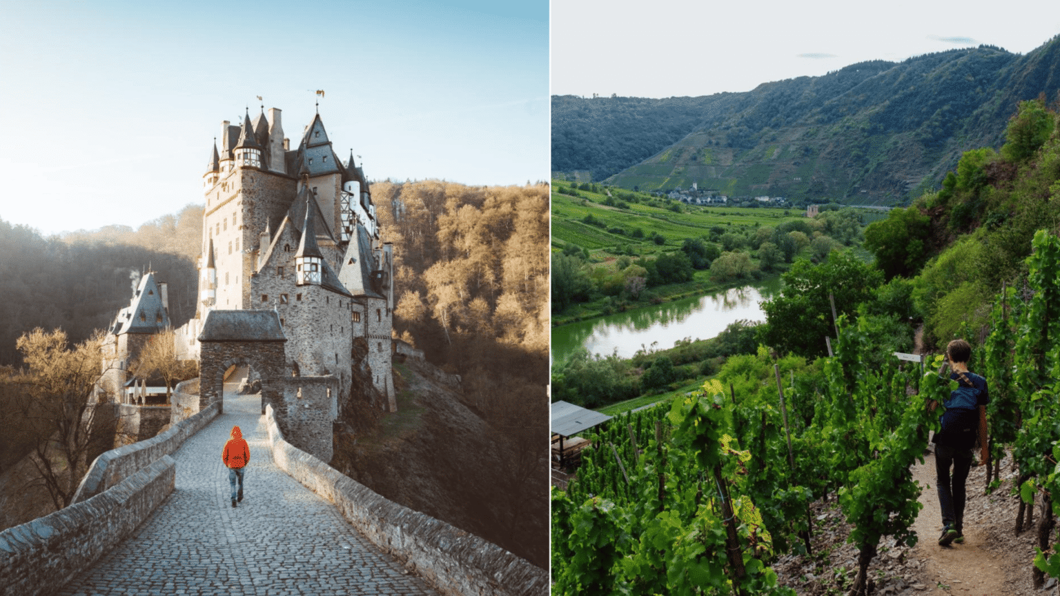 Kasteel Eltz en wandelaar in wijngaarden langs de Moezel in Duitsland.
