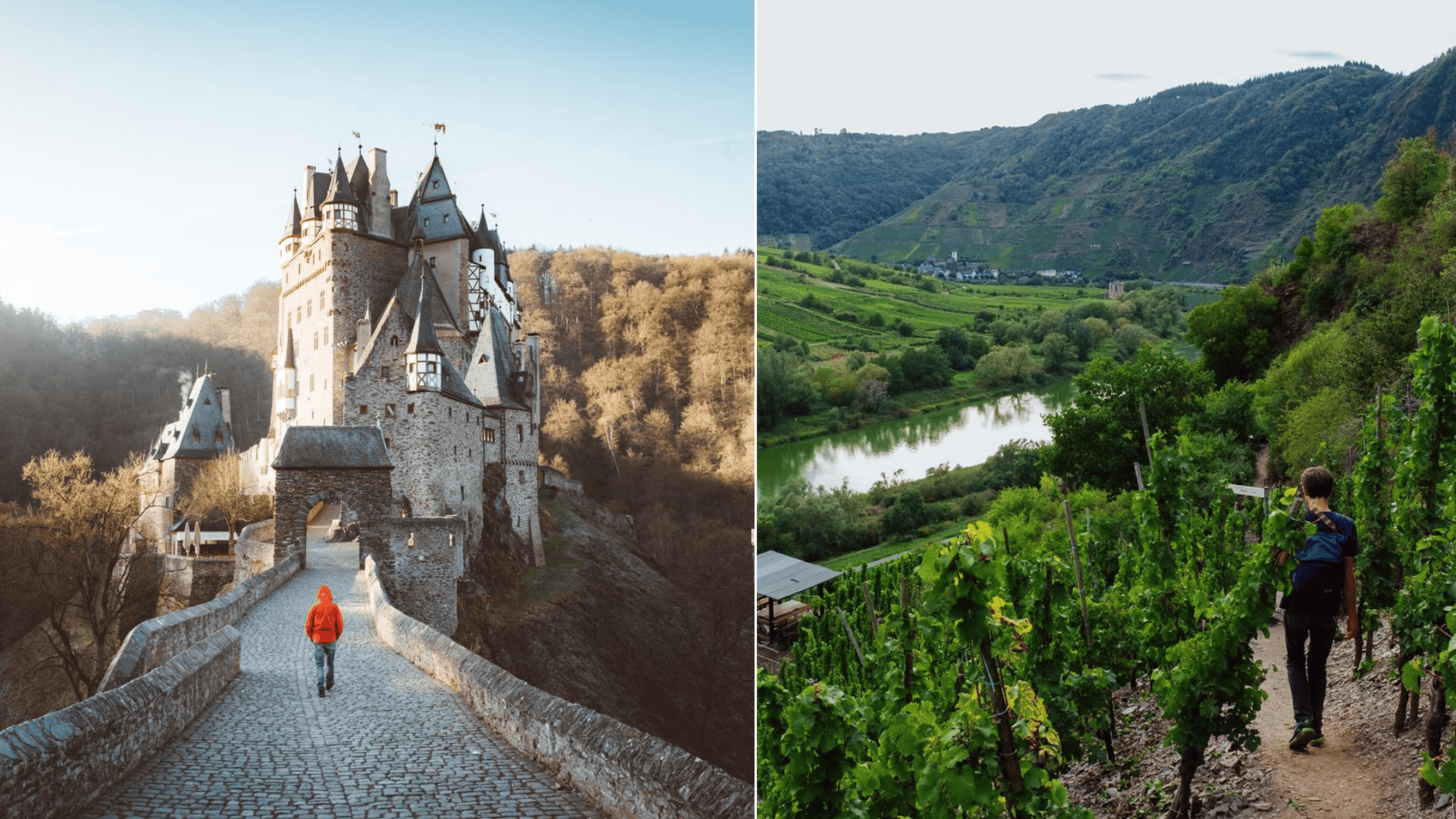 Kasteel Eltz en wandelaar in wijngaarden langs de Moezel in Duitsland.