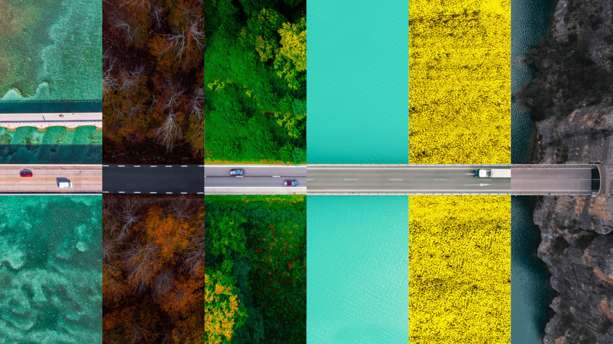 Collage met weg die door de verschillende landschappen in verschillende seizoenen rijdt