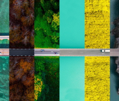 Collage met weg die door de verschillende landschappen in verschillende seizoenen rijdt