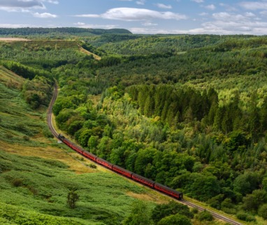 Rode stoomtrein slingert door bosrijk heuvellandschap in Engeland.