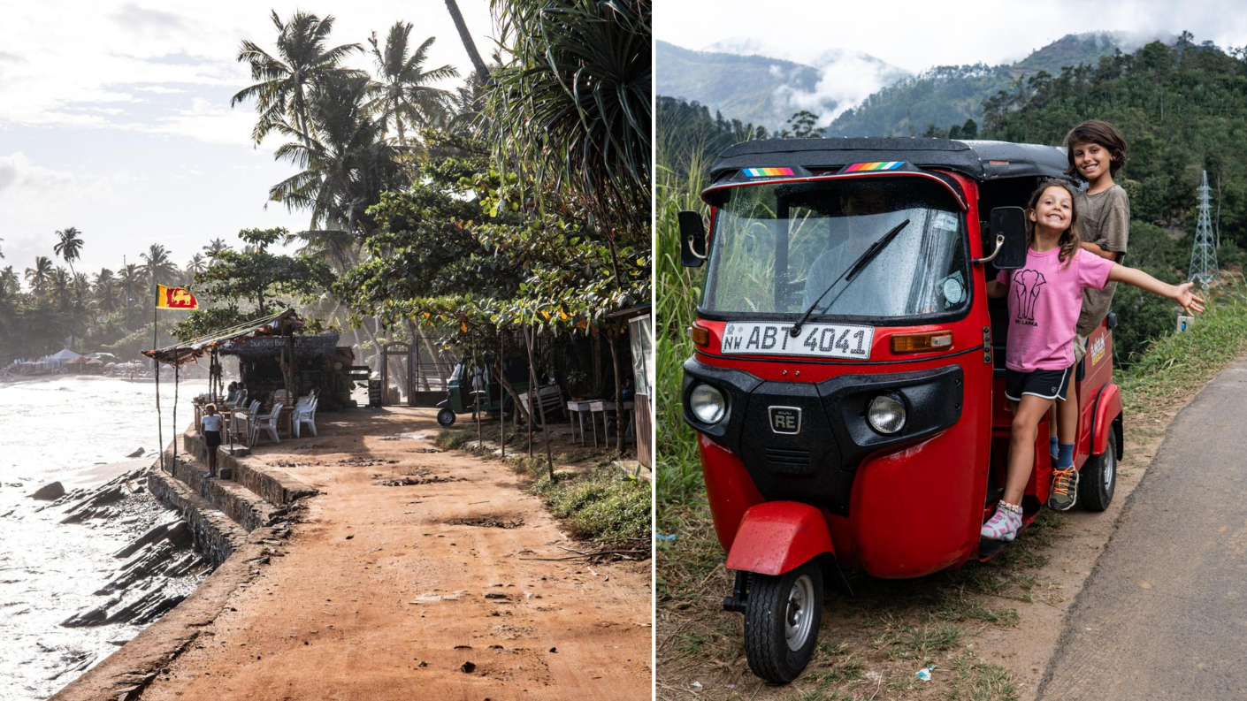 Hiriketiya-strand met Sri Lankaanse vlag en kinderen in rode tuk-tuk in de bergen van Sri Lanka.