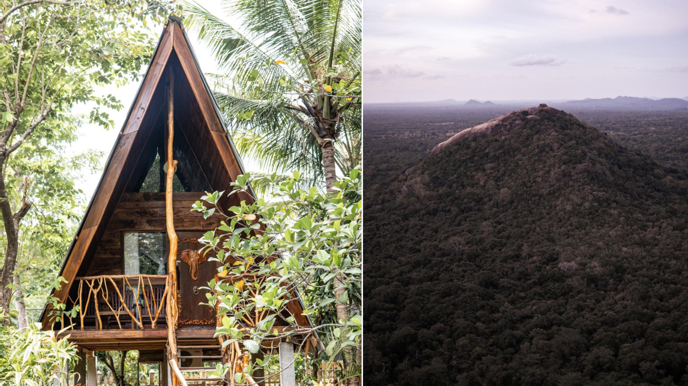 Houten ecohut in de jungle van Habarana en Lion Rock boven het groene landschap in Sri Lanka.