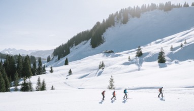 Sneeuwchoenwandelen in natuurpark Nagelfluhkette in Bregenzerwald, Oostenrijk